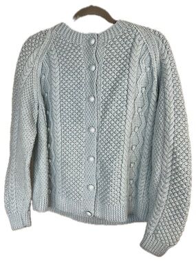 Hand Crafted Vintage 60s Sky Blue Wool Pom Pom Cable Button-Front Cardigan